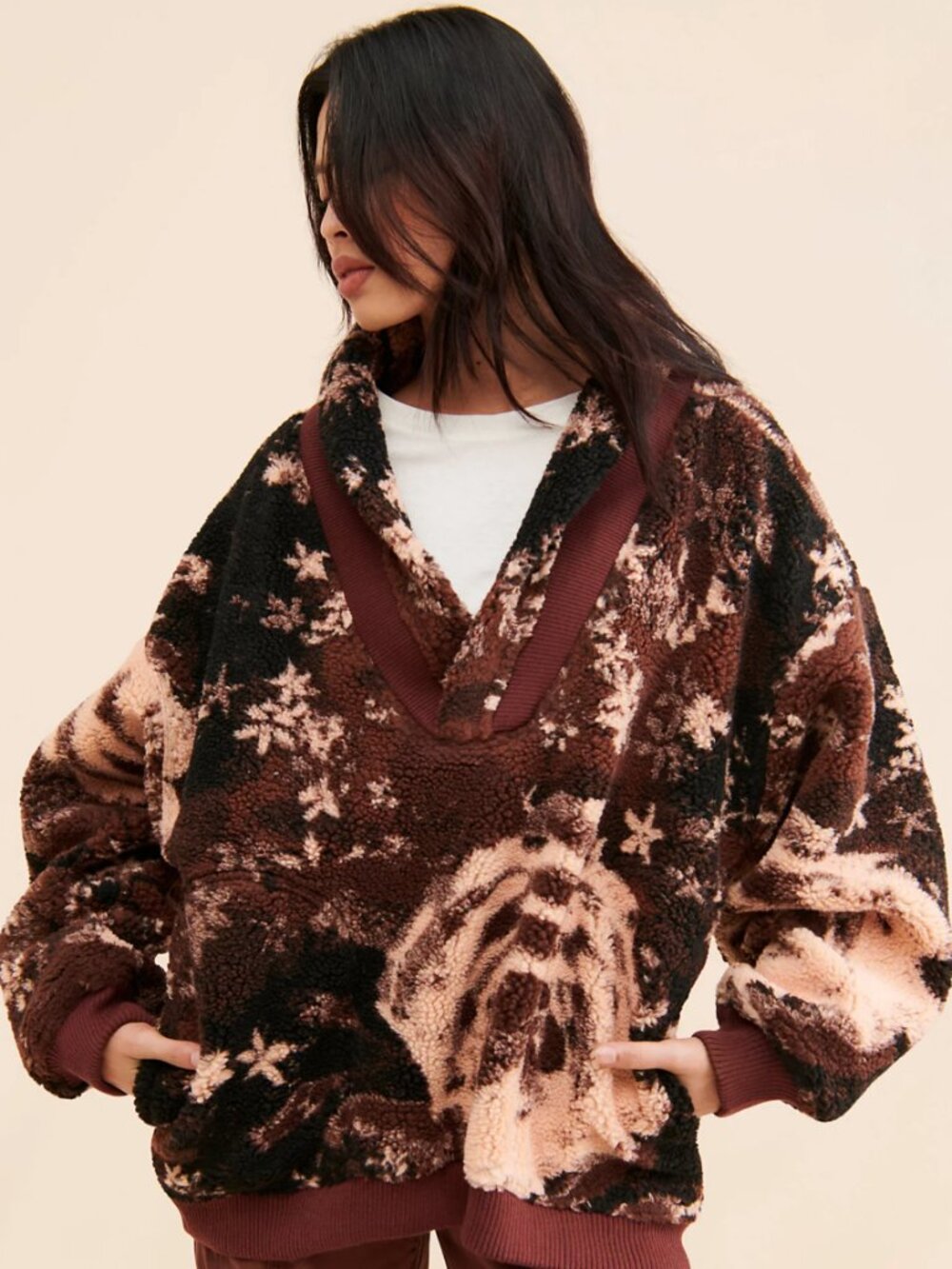 Free People Printed Rosie Waffle Lined Sherpa Fleece Pullover S Cozy Rose Jacket